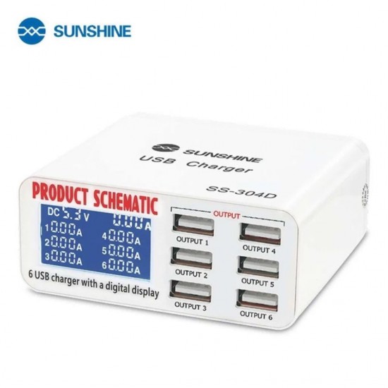 SUNSHINE SS-304D 6-Port USB Smart Charger with Real-Time Current/Voltage Display