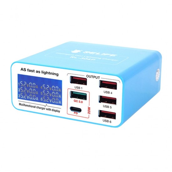 Relife RL-304P Smart Digital Display 6 Port USB Charger ( PD 3.0 + QC 3.0 )