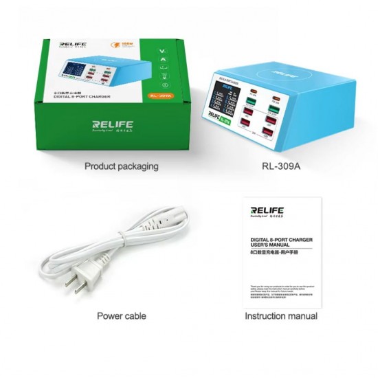 Relife RL-309A High Power 8-Port Fast Charging Digital Display USB Charger (100W Max Output)