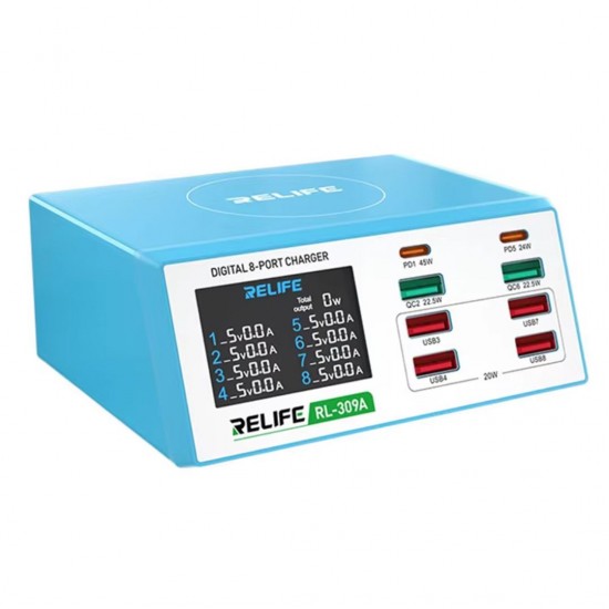 Relife RL-309A High Power 8-Port Fast Charging Digital Display USB Charger (100W Max Output)