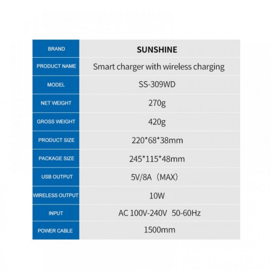 Sunshine SS-309WD Quick 8 Port USB Charger With Wireless Charging 10W 