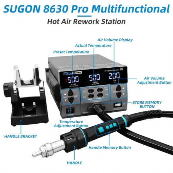 SUGON 8630 Pro 1300W Hot Air Rework SMD Machine with New Linear Handle High-Performance Soldering Tool