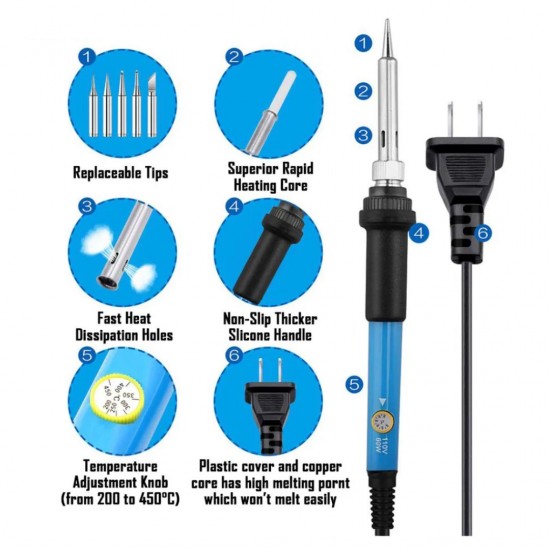 Soldering Iron 908 with Temperature Controller 60W Tool with 5 Free Interchangeable Bits for Precision Soldering