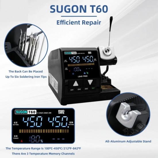 SUGON T60 Double Iron Soldering Station with TJ8 Extender – 3 PCS C210 Tips for Professional Soldering